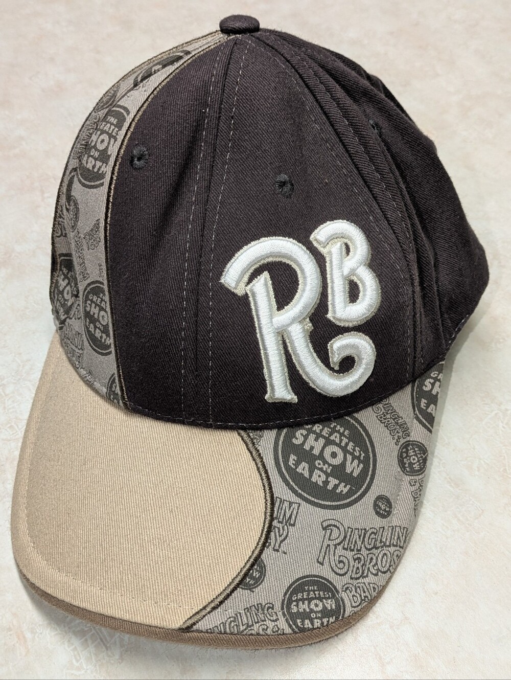 Ringling Bros RB Embroidered Logo Baseball Cap in Brown & Tan